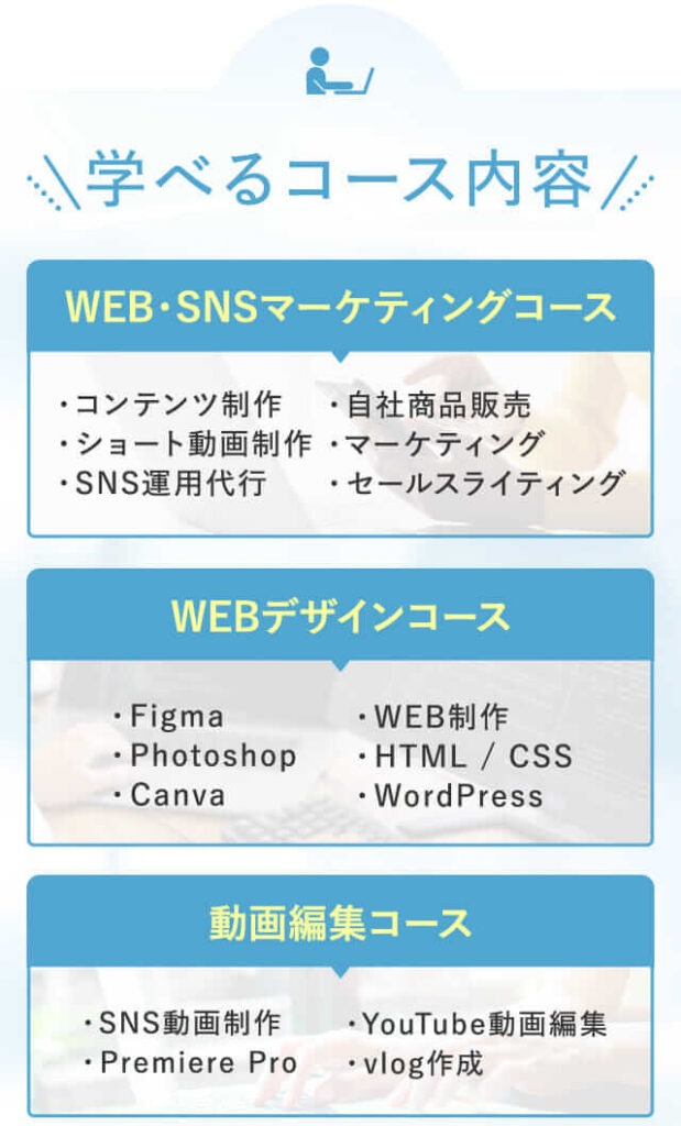 3つのコースと16個のスキルを学び放題